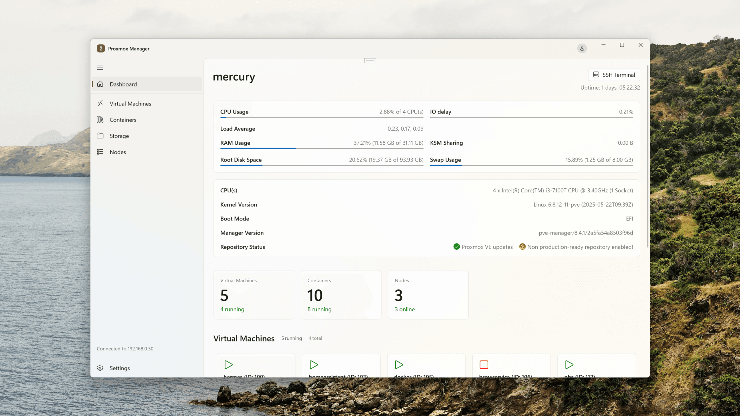 Proxmox Manager, a native WinUI frontend to the Proxmox virtualization server.