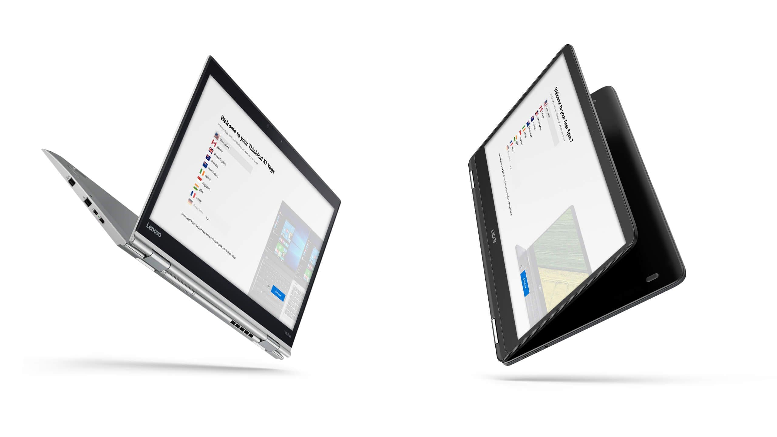 Two laptops display concepts of a setup experience.