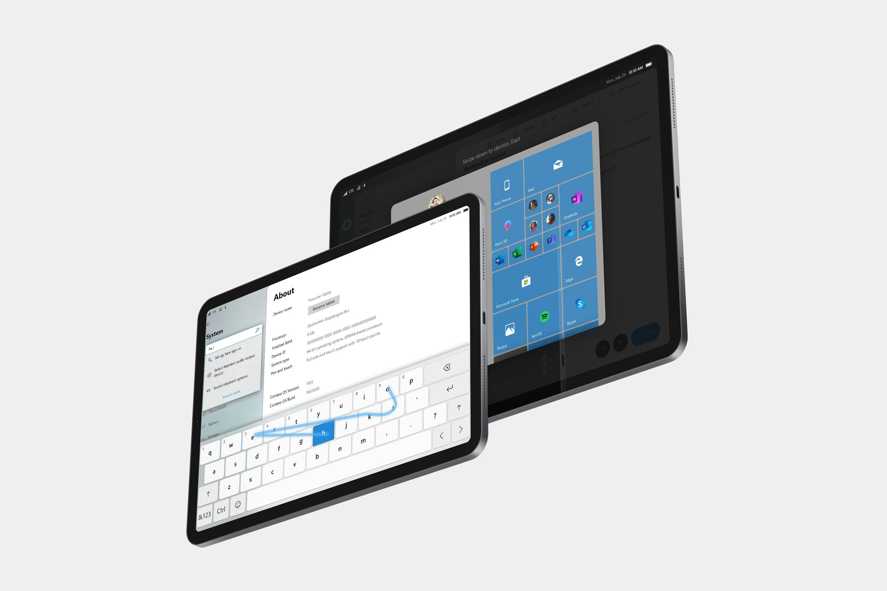 The keyboard is powered by the same SwiftKey intelligence as on Windows 10 and includes gestural typing. Other gestures are used to access system surfaces.