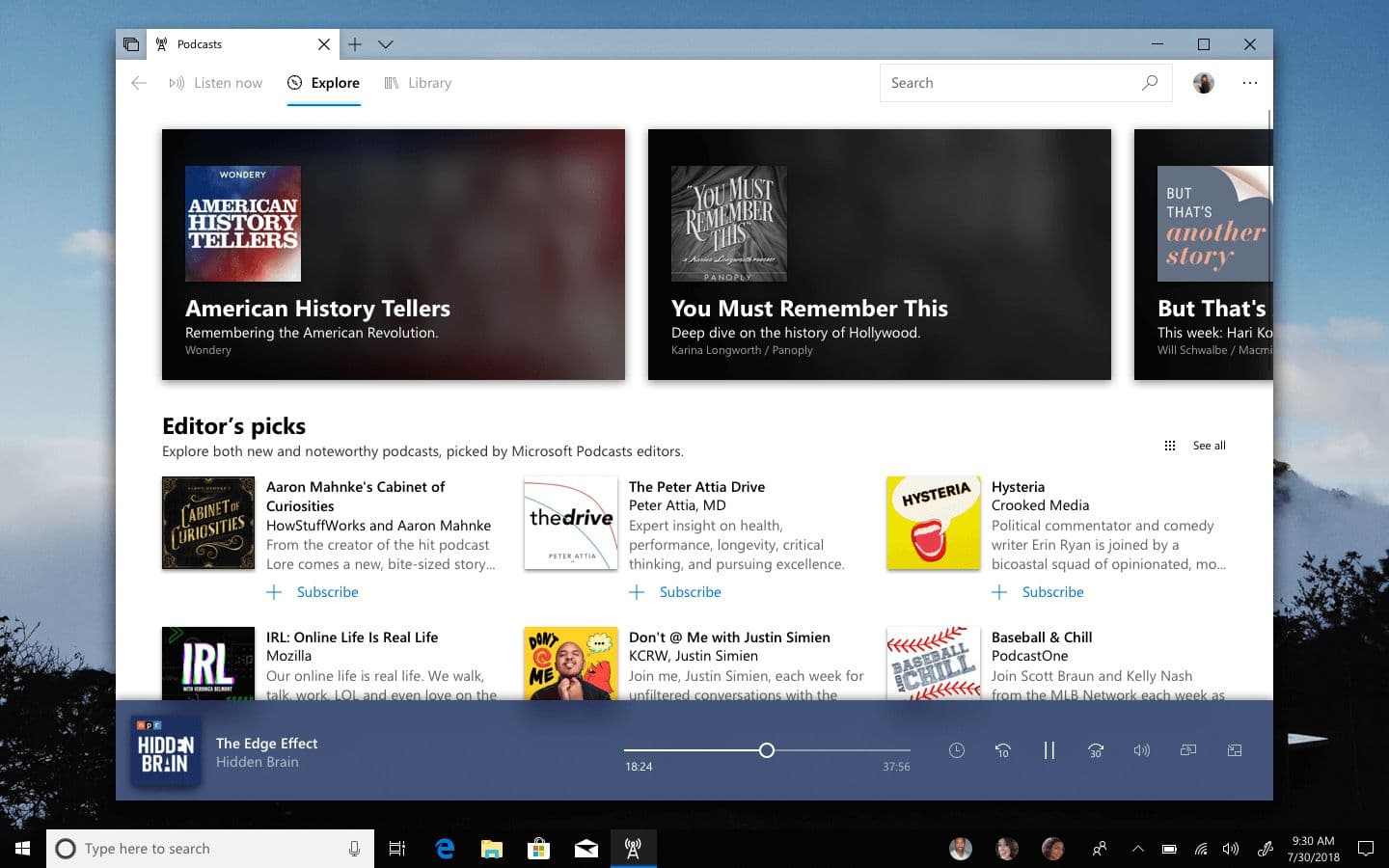 The Explore tab showing a collection of featured podcasts and picks by editors.