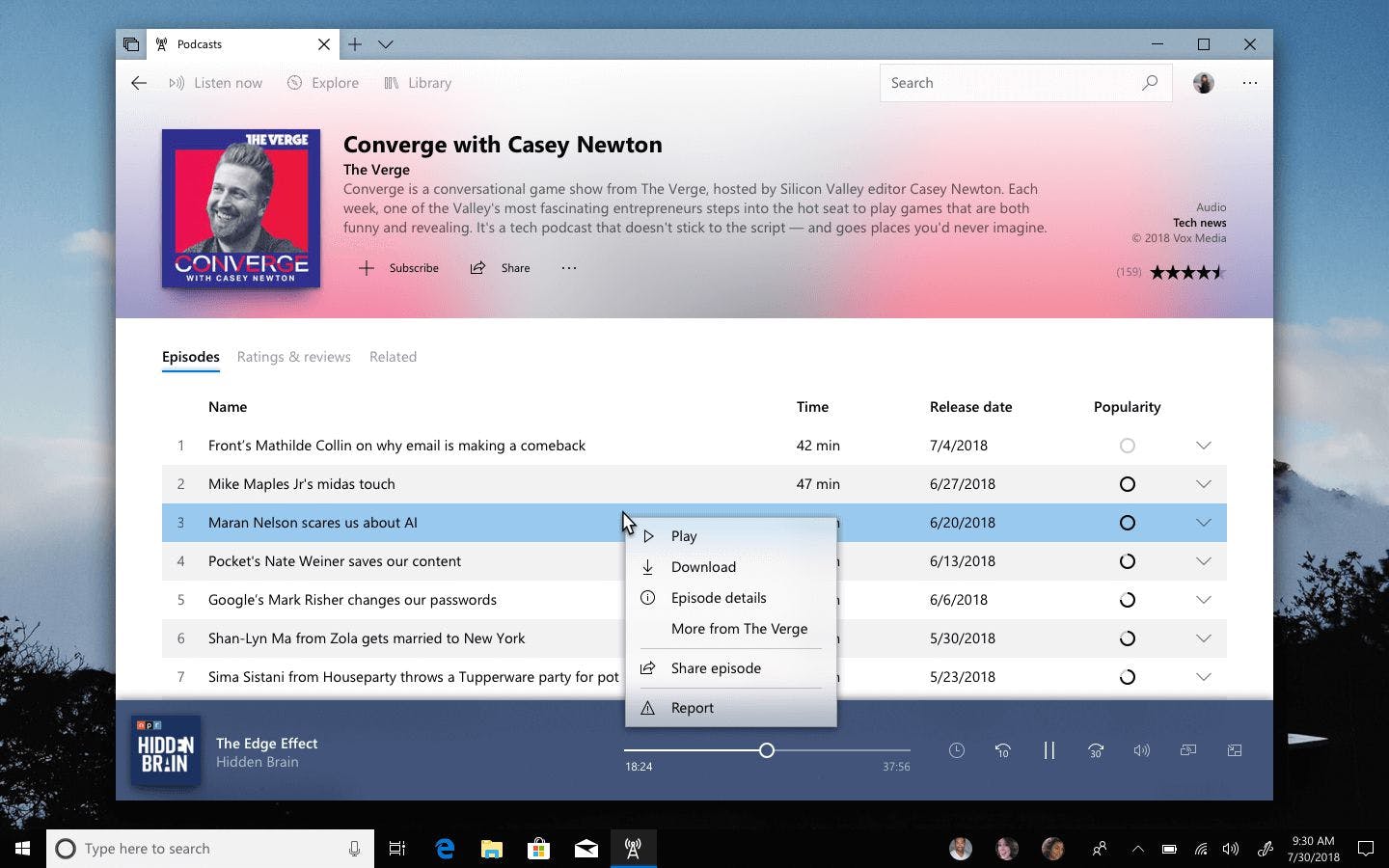 A podcast detail page, showing the context menu displayed when an episode is right-clicked.