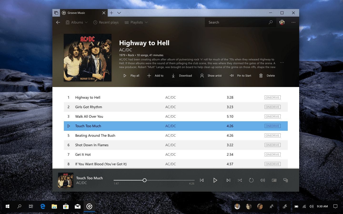 A concept of Groove Music, showing the album page for Highway to Hell. The background behind the album art and information bleeds through into the Sets tab for that app.