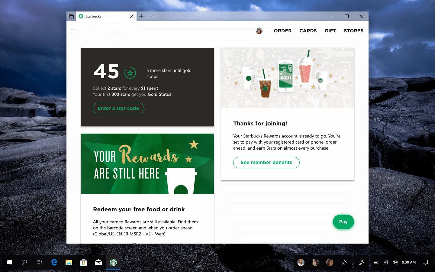 The homepage of a Starbucks app mockup—showing a similar navigation style to the Photos and Microsoft Store apps, but styled to match Starbucks' brand.