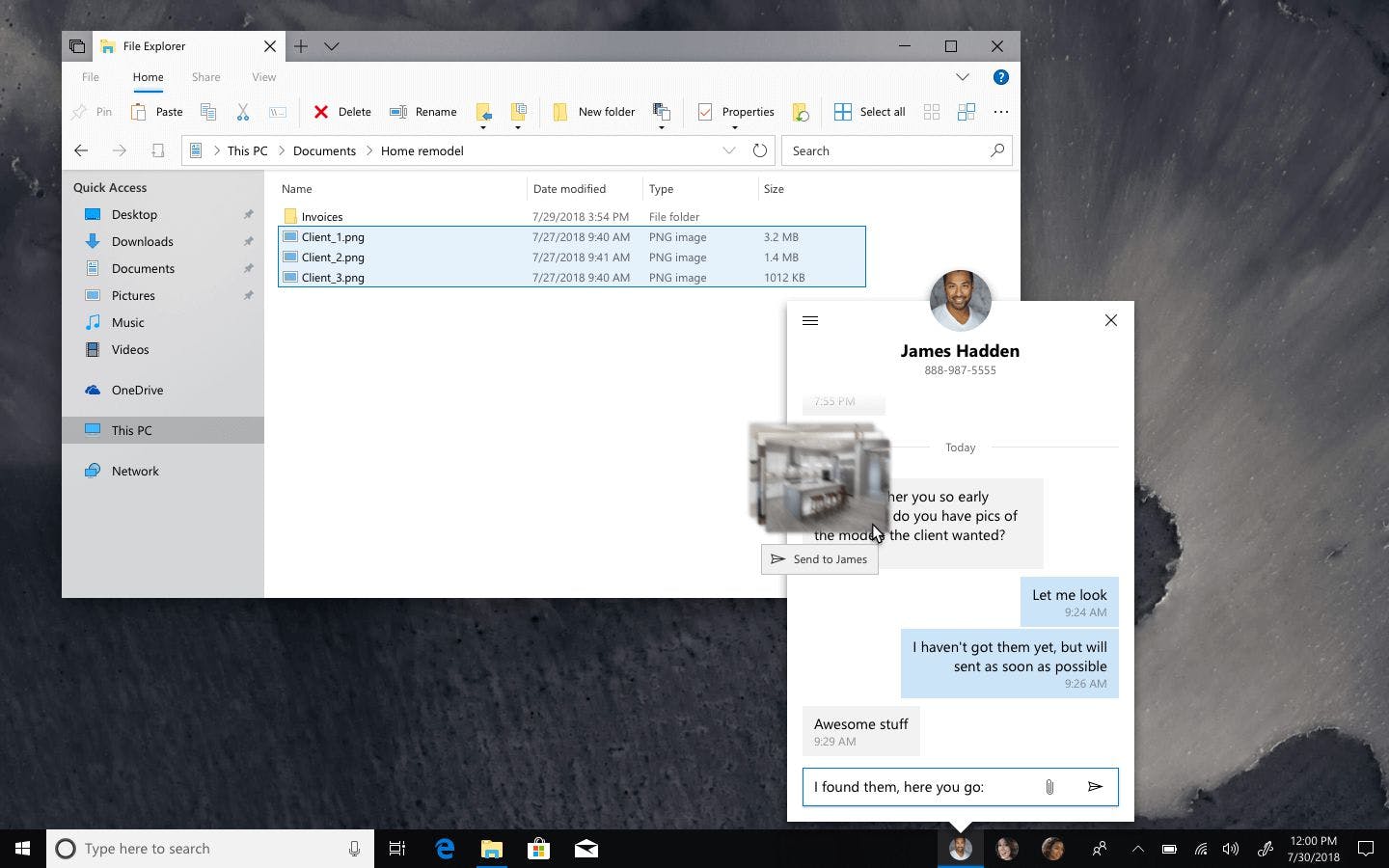 A MyPeople flyout showing an ongoing conversation with a contact. Files are being dragged from File Explorer into the conversation—in this case: images.